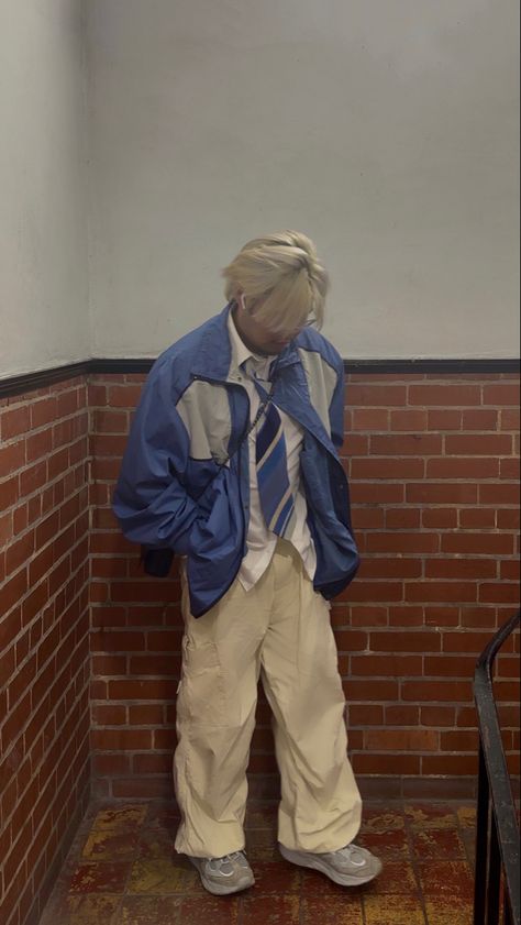 retro vintage blue jacket vintage silk striped blue tie jaded london ecru parachute pants fila trifecta pants Blue Windbreaker Outfit Men, White Windbreaker Outfit Men, Fila Jacket Outfit, Grey Parachute Pants Outfit Men, How To Style Windbreaker, Parachute Jacket Outfit, Blue Pants Outfit Aesthetic, Blue Tie Outfit, Windbreaker Outfit Aesthetic