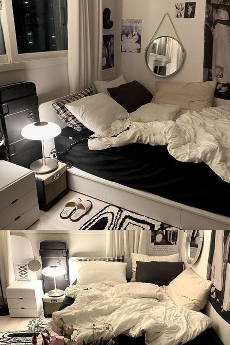 Cozy Room Aesthetic Minimalist, Korean Bedroom Aesthetic Dark, Acubi Bedroom Ideas, Acubi Bedroom, Apartment Black And White, Acubi Room, White Room Decor, Room Redesign, Study Room Decor