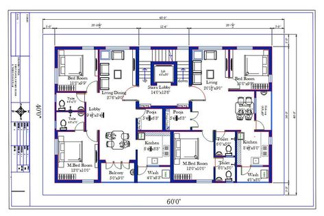 west and east facing direction 60'X40' plot size for 2 BHK apartment house layout plan with furniture drawing which consist 2 bedrooms with attached toilet, kitchen, pooja room, wash area, living room with dining area, staircase, lift ,and balcony. the additional drawing such as a all measurement and description detail for easy to understand this project.download 2400 square feet apartment house plan drawing DWG file. Thank you for downloading the AutoCAD file and other CAD program from our webs 60 X 40 House Plans Layout, Apartment House Layout, 60x40 House Plans, 2 Bhk House Plan, House Plan Drawing, Residential Plan, Living Room With Dining Area, Floor Plan With Dimensions, Flat Plan