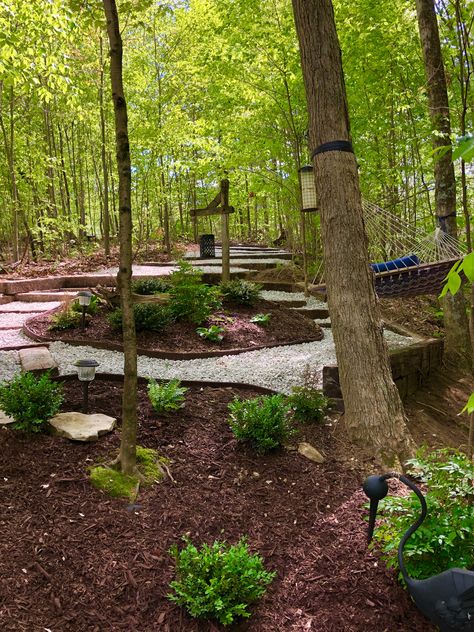 New House Backyard Ideas, Wooded Pathway Ideas, Wooded Backyard Landscape Ideas Walkways, Woods Path Ideas, Forest Deck Ideas, Campground Landscaping Ideas, Landscaping In Woods, Forest Landscaping Ideas, Landscaping In Wooded Area