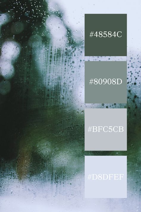 A blurred view through a rain-soaked window, with droplets streaking down, highlighting a subtle grey green color palette that evokes a peaceful, rainy day ambiance. Rainy Color Palette, Grey Green Color Palette, Rain Color Palette, Color Palette Code, Color Scheme Generator, Color Generator, Code Color, Flip Image, Green Color Palette