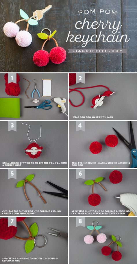 Cherry Pom Pom DIY ~ Mary Wald's Place -   Tutorial for making a cherry pom-pom keychain Pom Pom Diy, Pompon Diy, Diy Pom Poms, Pom Pom Maker, Pom Pom Keychain, Pom Pom Crafts, Diy Bricolage, Mason Jar Diy, Mason Jar Crafts