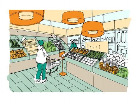 Supermarket Drawing, Grocery Store Drawing, Inside Grocery Store, Supermarket Interior, Store Drawing, Architecture Symbols, Interior Architecture Sketch, Bread Fruit, Fish Bread