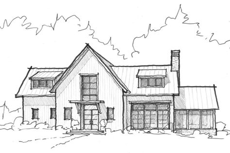 Modern Farmhouse Drawing, Easy Building Sketches, Modern House Drawing Sketches, House Sketch Architecture, House Drawing Sketches, Farmhouse Drawing, Modern House Sketch, Farmhouse Sketch, Dream House Sketch