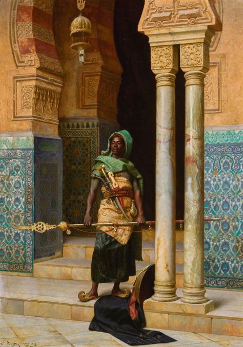 LUDWIG DEUTSCH | THE NUBIAN GUARD Estimate: 800,000 - 1,200,000 GBP LOT SOLD: 1,035,000 GBP African History, Black Art, Art History, Egypt, A Man, Painter, Oeuvre D'art, Art Painting, Poster Prints