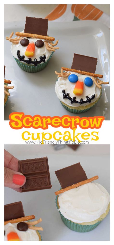 Scarecrow Treats, Making Scarecrows, Scarecrow Cupcakes, Cupcakes For Fall, Fall Cupcakes Decoration, Scarecrow Cupcake, Fun Fall Treats, Scarecrow Halloween, Fall Cupcakes