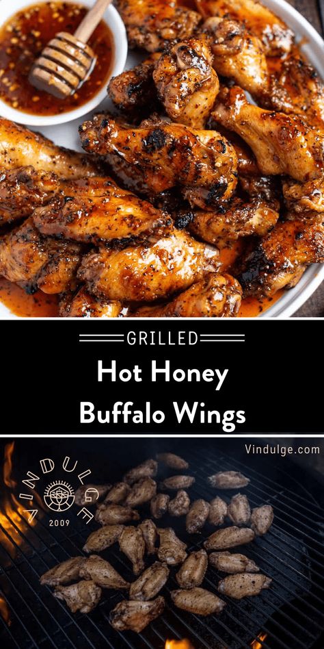 Grilled Chicken Wings tossed in a perfect blend of traditional Buffalo wing sauce with hot honey sauce. Buffalo Chicken Wings On The Grill, Best Grilled Wings Recipe, Honey Wing Sauce, Honey Buffalo Wings, Hot Honey Chicken Wings, Popeyes Spicy Chicken Recipe, Honey Chicken Wings Recipe, Wing Flavors, Chicken Wing Flavors