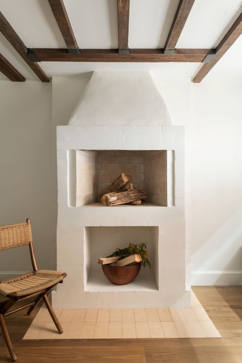 Neutral Autumn, Elizabeth Roberts, Brooklyn Design, Mews House, Loft Interior, Striped Walls, Faux Fireplace, Interior Renovation, Built In Bench