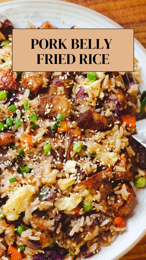 pork belly fried rice Asian Pork And Rice Recipes, Pork Belly Casserole, Japanese Pork Rice Bowl, What To Eat With Pork Belly, Pork Belly And Rice Recipes, Pork Belly Stew Recipes, Pork Belly Bowl Recipe, Pork Belly Pasta Recipes, Pork Belly Bowls