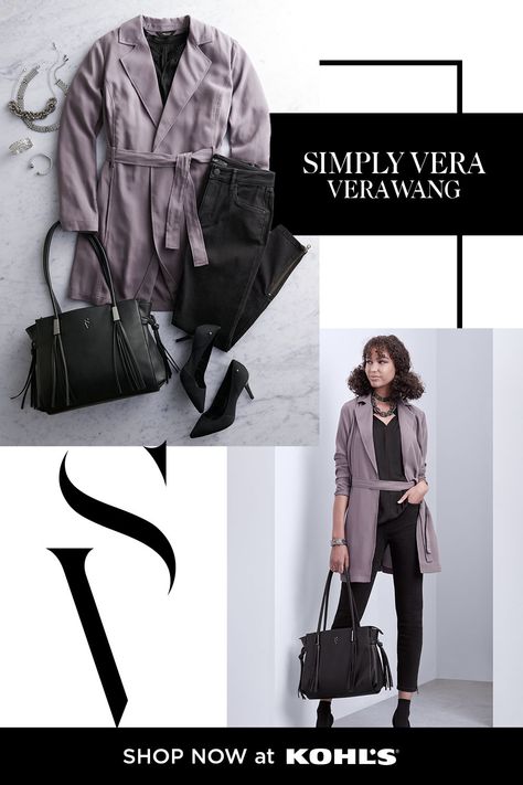 Your new favorite look awaits with spring style inspo from Simply Vera Vera Wang. Start with a black top and black jeans to create a monochromatic base. Layer on a belted jacket for a pop of style that’s perfect for breezy spring days. Complete the look with a classic handbag and a great pair of heels. Shop Simply Vera Vera Wang tops, denim, accessories and more at Kohls.com. #SimplyVera #womensfashion Kohls Outfits, Vera Wang Collection, Classic Handbags, Belted Jacket, Denim Accessories, Simply Vera Wang, Work Looks, Simply Vera, Spring Style