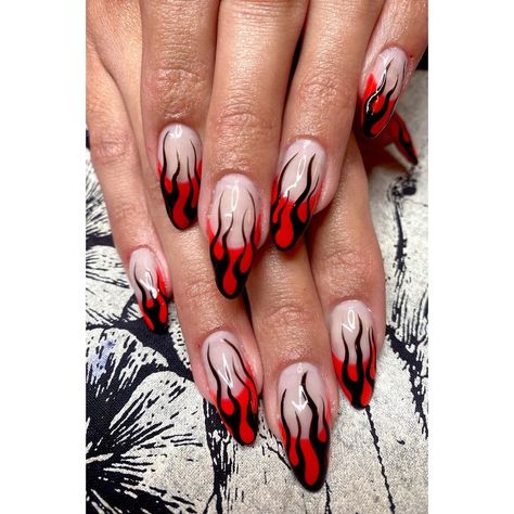 Black And Orange Flame Nails, Halloween Flame Nails, Goth Valentine Nails, Nails Acrylic Emo, Grunge Valentines Nails, Alt Valentines Nails, Emo Valentines Nails, Spooky Valentines Nails, Nail Flames