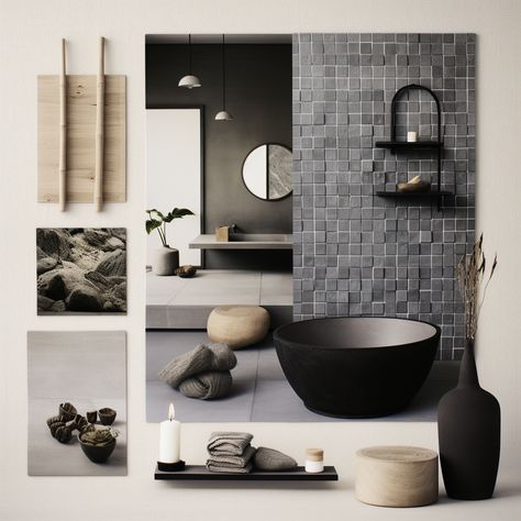 "Shadowed Harmony: Japandi Moodboard in Dark Grey & Black 🖤✨ #Japandi #DarkGreyDecor #BlackAndMinimal #EssenceOfJapandi" Modern Dark Bathroom, Black Japandi, Dark Japandi, Japandi Moodboard, Japandi Black, Japandi Bathroom, Dark Bathroom, Dark Bathrooms, Japandi Design