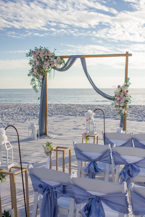 Beach Wedding Aesthetic Ideas, Dream Wedding Reception Beach, Water Fall Wedding Ideas, White And Blue Beach Wedding, Blue Wedding On The Beach, Destin Florida Wedding On The Beach, Beach Arbor Wedding, October Beach Wedding Colors, Small Intimate Beach Wedding Ideas