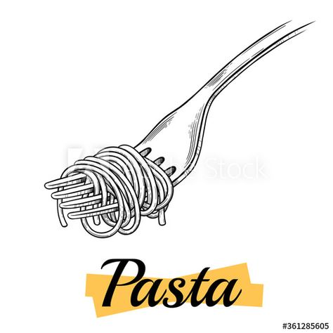 Spaghetti on a fork. Vector vintage black illustration isolated on a white background. Engraving, outline, ink style. Fork Spaghetti Tattoo, Pasta Fork Tattoo, Bowl Of Spaghetti Tattoo, Pasta Tattoo Ideas, Spaghetti Tattoo, Fork Drawing, Pasta Tattoo, Vegetable Tattoo, Pasta Illustration