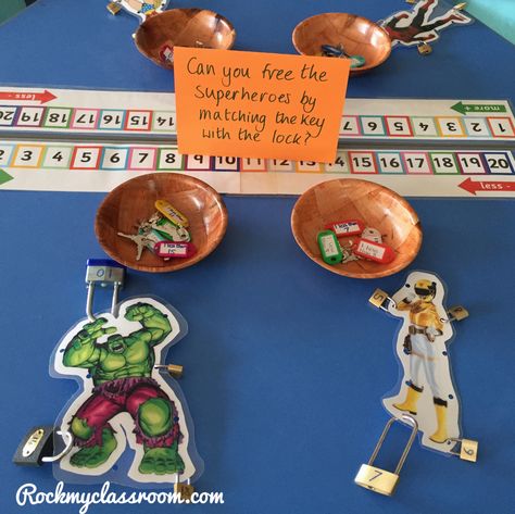 Free the superheroes by unlocking their padlock with the correct key - one less focus - EYFS. Superheroes Eyfs, Maths Help, Toys Topic, Superhero Math, Reception Maths, Foundation Maths, Superhero Training, Maths Eyfs, Eyfs Maths