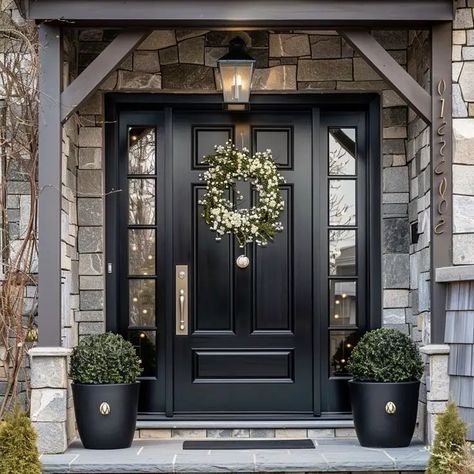 Black Doors Exterior Front Entry, Front Exterior Doors, Stone Front House, House Inspection, Front Door Inspiration, Black Front Door, Traditional Front Doors, Front Porch Makeover, Front Door Styles