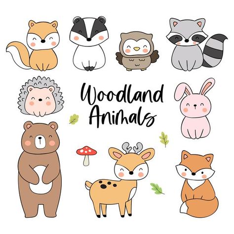 Woodland Animal Doodles, Woodland Cute Animals, Doodle Of Animals, Cartoon Woodland Animals, Animal Characters Illustration, Cartoon Forest Animals, Forest Animal Doodles, Forest Animal Drawings Easy, Cute Forest Animals Drawing