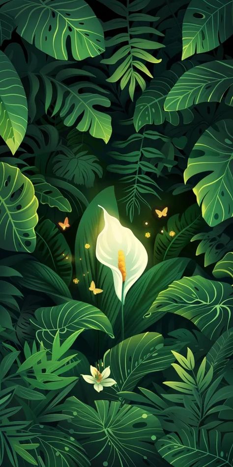 The image is a beautiful illustration of a lush tropical rainforest. The foreground is filled with a variety of green leaves and plants, while the background is a darker green ->> more details in ai-img-gen.com Jungle Foliage Illustration, Jungle Leaves Illustration, Tropical Forest Illustration, Leaves Graphic Design, Tropical Plants Illustration, Green Leaves Aesthetic, Rainforest Illustration, Studio Background Ideas, Tropical Leaves Wallpaper