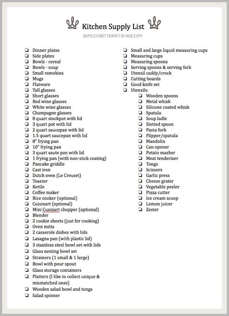 Complete Kitchen Supply List/graphic- So Much Better With Age New Apartment Checklist Kitchen, New House Kitchen Checklist, Kitchen List For Apartment, Home Supplies List, Kitchen Organization List, Kitchen Essentials List Apartments, New Home Kitchen Checklist, Kitchen Supply List, Apartment Kitchen Needs