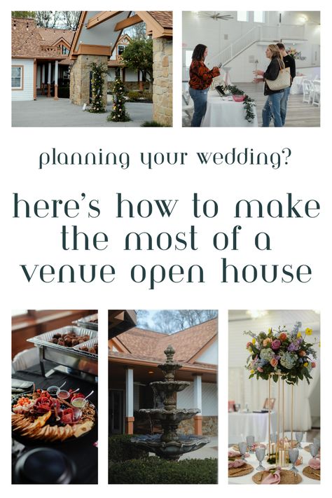 It can be hard to know what venue you want to book for your wedding if you haven’t been there. Enter: venue open houses. These are the perfect way to begin your wedding planning process, so read on to make sure you attend your venue’s open house prepared to get the answers you need. Wedding Venue Open House Ideas, Venue Open House Ideas, Opening An Event Venue Spaces, Wedding Open House Ideas, Event Rentals Showroom, Event Venue Business, Wedding Open House, Venue Business, Event Venue Spaces