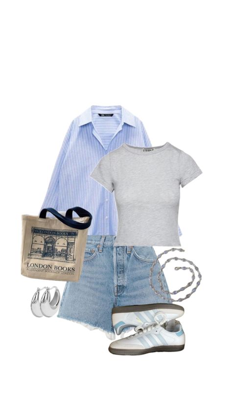 linen striped shirt w/ grey baby tee and denim shorts paired with light blue adidas sambas Grey Baby Tee, Light Blue Adidas, Adidas Sambas, Striped Linen Shirt, Grey Baby, Linen Shorts, Adidas Samba, Blue Adidas, Baby Tee