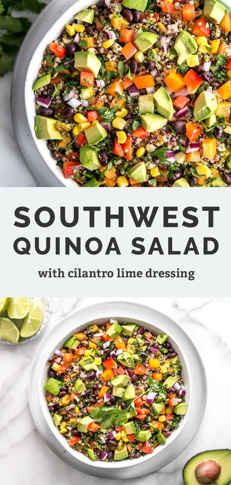 This healthy Southwest Quinoa Salad recipe for any occasion – meal prep, lunch, dinner, cookout sides... Tossed in an easy homemade cilantro lime dressing for a delicious flavor boost. This plant based bowl is gluten-free, vegan, vegetarian, and packed with goodness. Quinoa Salad Southwest, Plant Based Potluck Recipes, Southwest Quinoa Bowl, Vegetarian Cookout Recipes, Bbq Quinoa, Southwest Bowl, Vegetarian Cookout, Salad Cilantro, Quinoa Salad Bowl