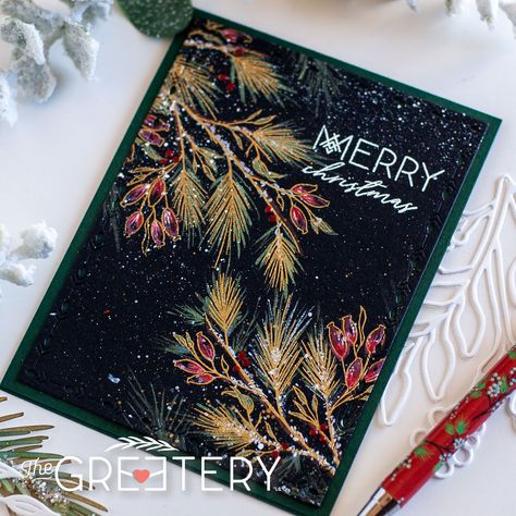 Make & Tell Tuesday – Winter Sketches Metallic Watercolor on Black – The Greetery Blog Metallic Watercolor, The Greetery, Outline Images, Christmas Sentiments, Watercolor Christmas Cards, Black Christmas, Winter Cards, Christmas Cards Handmade, Black Paper