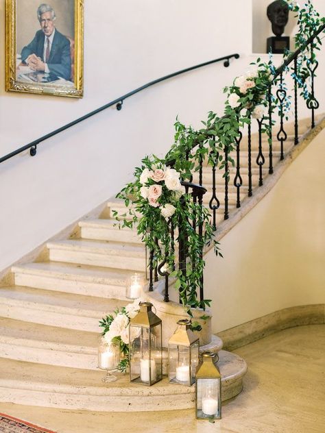 Wedding Staircase Decoration, Wedding Stairs, Wedding Staircase, Beach Wedding Flowers, J Smith, Staircase Decor, Stair Decor, Home Wedding Decorations, Engagement Decorations