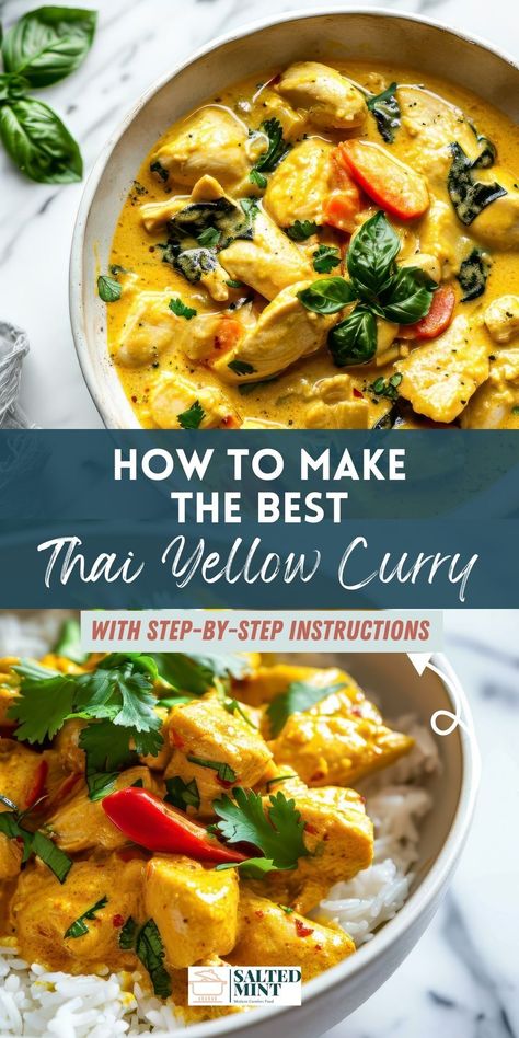 Dinner's easy with our 30-minute Thai Yellow Curry. Whether you use chicken breast or thighs, you'll end up with a meal that's flavorful but not too spicy. It's perfect for a quick, tasty dinner after a long day. Grab the recipe with a click and start cooking! Healthy Yellow Curry Chicken, Best Yellow Curry Recipe, Coconut Yellow Curry Chicken, Easy Yellow Curry Recipe, Vegan Yellow Thai Curry, Ted Thai Chicken Curry, Thai Chicken Curry Recipe Easy, Mild Thai Curry, Easy Healthy Curry