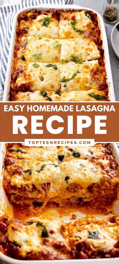 This Simple and easy homemade lasagna recipe is filled with rich tomato/beef sauce, ricotta, mozzarella, and Parmesan cheese between lasagna noodles. Homemade Lasagna Recipe, Crockpot Lasagna Easy, Easy Homemade Lasagna, Lasagna With Ricotta, Tomato Beef, Homemade Lasagna Recipes, Lasagna Recipe With Ricotta, Best Lasagna Recipe, Beef Sauce