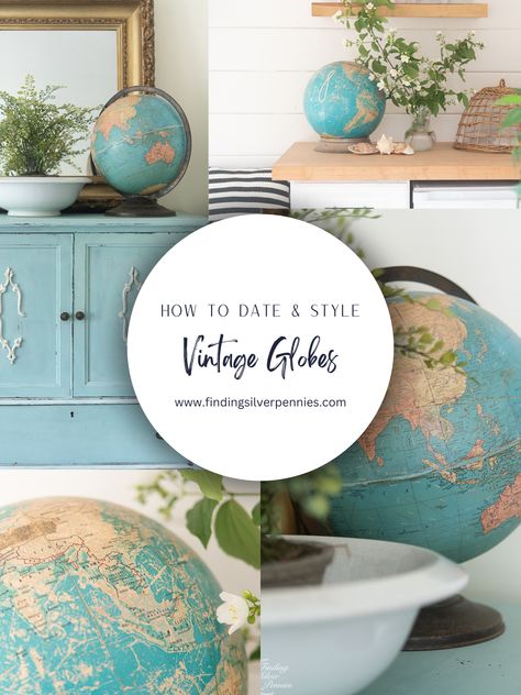 Vintage Globes - How to Decorate with them and How to Date them | Finding Silver Pennies #vintage #globes #homedecor #findingsilverpennies Decorating With Globes, Old Globe Ideas Diy Projects, Globe Upcycle Diy Projects, Vintage Globe Decor, Globe Upcycle, Globe Display, Table Tray Decor, Old Globe, Black Globe