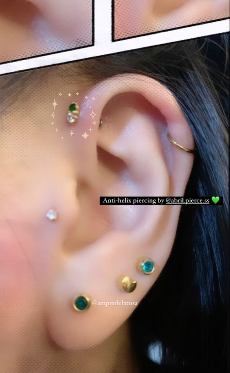 New anti helix/forward helix piercing with diamond/emerald threadless titanium stud Anti Helix, Anti Helix Piercing, Helix Piercing, Tragus, Helix, Piercings