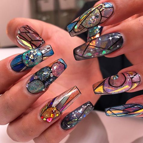 ✨Ended the work week with galaxy stained glass nails! 💕🪐🌙 Special thanks to @tina.tanaz for letting create these on her! (and also for… Maquillage Yeux Cut Crease, Nail Design Glitter, Glass Nails Art, Galaxy Nail Art, August Nails, Witchy Nails, Nails Yellow, Galaxy Nails, Glass Nails