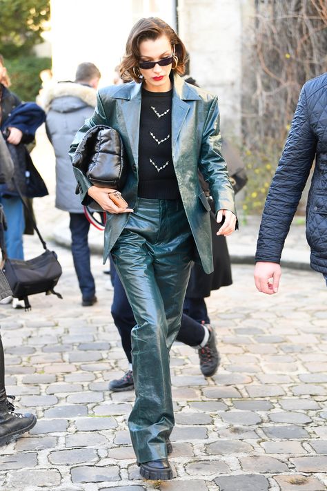 Bella Hadid's Street Style at Paris Fashion Week Leather Suit Women, Kaia Gerber Street Style, Bella Hadid Street Style, Leather Suit, Balenciaga Leather, Model Outfit, Bella Hadid Style, Teal Leather, Hadid Style