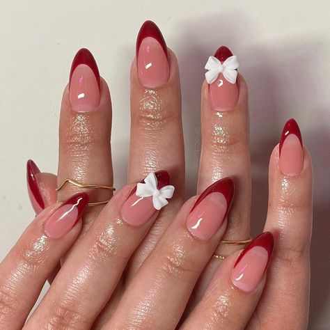 cherry red + bow szn 🎀♥️ | Instagram Her Nails, Girls Nails, Stick On Nails, Heart Nails, Fall Nail, Fall Nail Designs, Valentine's Day Nails, Artificial Nails, Valentines Nails