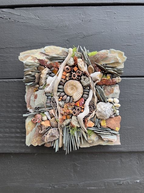 Karen Klassen Mosaics - Visual Mixed Media Artist Mosaic Shell Art, Art From Natural Materials, Broken Shells Ideas, Mixed Material Art, Rock Mosaic Art, Art Made From Trash, Patterns In Nature Texture, Mosaic Projects Ideas, Assembledge Art