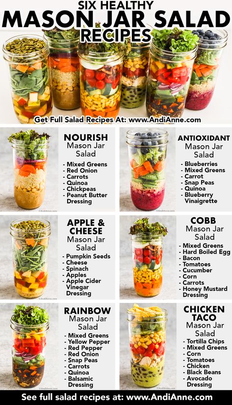 Six Healthy Mason Jar Salads Kale Pasta Mason Jar Salad Pioneer Woman, Mason Jar Salad Dressing Recipes, Salmon Salad In A Jar, Healthy Salad Prep For The Week, Best Salad Ingredients, Salads In Jars Recipes, Healthy Salad Jar Recipes, Salad In A Mason Jar For A Week, Meals To Lean Out