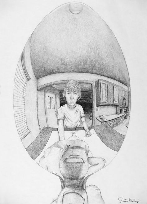 #2 observtn SelfPortrait.looking at spoon Mirror Perspective Drawing, Mirror Self Portrait Drawing, Unusual Perspective Art, Spoon Reflection Drawing, Looking Through Art Gcse, Nid Portfolio Ideas, Reflection Drawing Reference, Spoon Reflection, Art Camp Activities