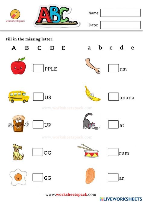 The alphabet online worksheet for Kindergarten. You can do the exercises online or download the worksheet as pdf. English Abc Worksheet, Abc For Kindergarten, Grade 1 Alphabet Worksheets, Kg1 Worksheets English Alphabet, U Kg English Worksheet, Activities On Alphabets For Preschoolers, Alphabet Activity For Toddlers, Missing Alphabet Worksheets Kindergarten, Kg 2 Worksheets