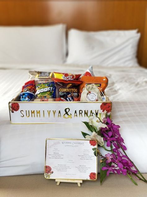 Some Cute Things To Include In Your 2019 Destination Wedding Welcome Hampers! Gift Ideas For Wedding Guests, Room Hampers, Gifts Hamper, Luxury Indian Wedding, Wedding Gift Hampers, Indian Wedding Gifts, Wedding Calendar, Homemade Wedding Favors, Wedding Welcome Gifts