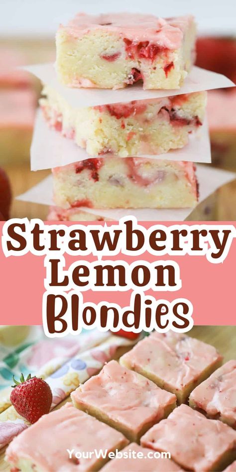 These Strawberry Lemon Blondies are thick, chewy, sweet, filled with fresh strawberries, and covered in a layer of pink strawberry and lemon icing. They’re the perfect spring and summer treat to serve for just about any occasion. #thecarefreekitchen #blondies #brownies #strawberry #summer #dessertbars #strawberryfrosting Strawberry Lemon Blondies, Lemon Blondies, Easy Strawberry Desserts, Blondies Recipe, Strawberry Lemon, Red Food, Best Dessert Recipes, Banana Pudding, Desert Recipes