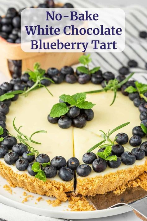 No-Bake White Chocolate Blueberry Tart features a crunchy, buttery crust filled with a velvety white chocolate ganache and adorned with juicy blueberries. The beauty of this dessert lies in its simplicity: it's easy to prepare, requires only a handful of ingredients, and can be assembled in advance. Blueberry Tart Recipe, Chocolate Blueberry, Blueberry Mint, Blueberry Tart, Tart Filling, Tart Dessert, White Chocolate Ganache, Tart Recipe, Blueberry Recipes