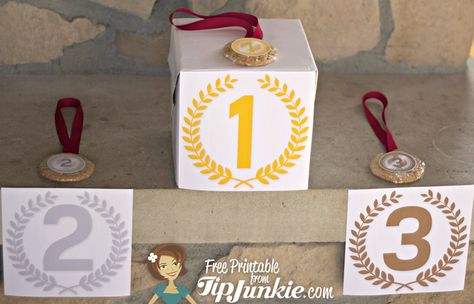 Use these free printable winner podium signs for an Olympic birthday party or any other sporting event.  The three winners podiums don't have to be elaborate.  Simply attach these first place, second place, and third place signs onto what's available for your Olympic Gold Medalists award ceremony. Olympic Birthday Party, Winter Olympics Activities, Olympic Activities, Olympics Decorations, Olympic Podium, Olympic Winners, Olympic Theme Party, Olympic Idea, Kids Olympics