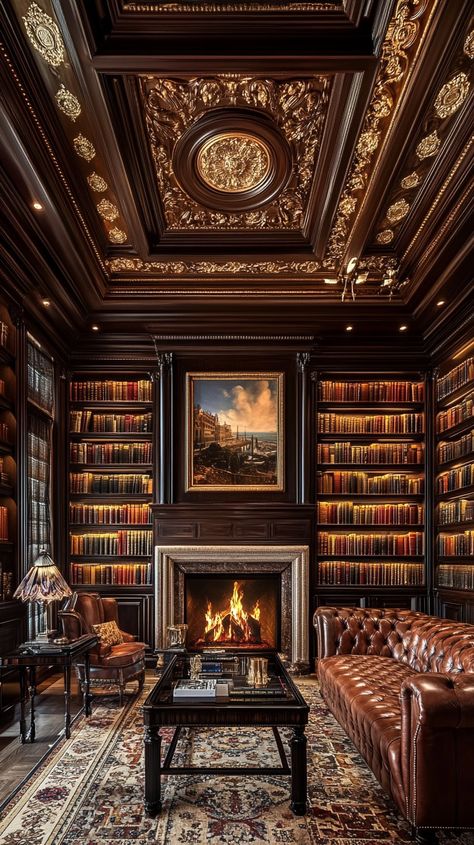 "Elegant Library Interior: Elegant traditional library room with a cozy #fireplace, ornate dark wood #bookshelves, and classical architectural details. #library #elegant #interiordesign #architecture #homedecor #cozyvibes #luxurylifestyle #classicdesign ⬇️ Download and 📝 Prompt 👉 https://stockcake.com/i/elegant-library-interior_1243893_487695" Classic Library Design, Victorian Library Aesthetic, Old Money Library, Dark Wood Bookshelves, Classic Home Library Design, Elegant Library, Ornate Fireplace, Mahogany Library, Classic Rooms