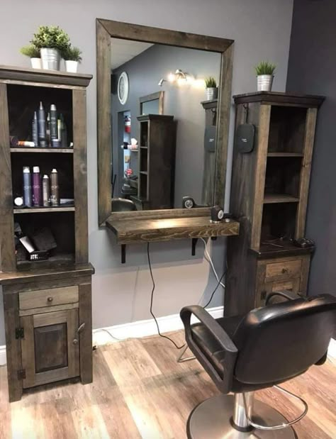 In Home Barber Shop, Barber Shop Small Space, Rustic Salon Stations, Home Barber Station, Home Barber Shop Ideas Small Spaces, At Home Barber Station, Rustic Barber Shop Decor, Small Home Salon Ideas, Western Hair Salon Ideas