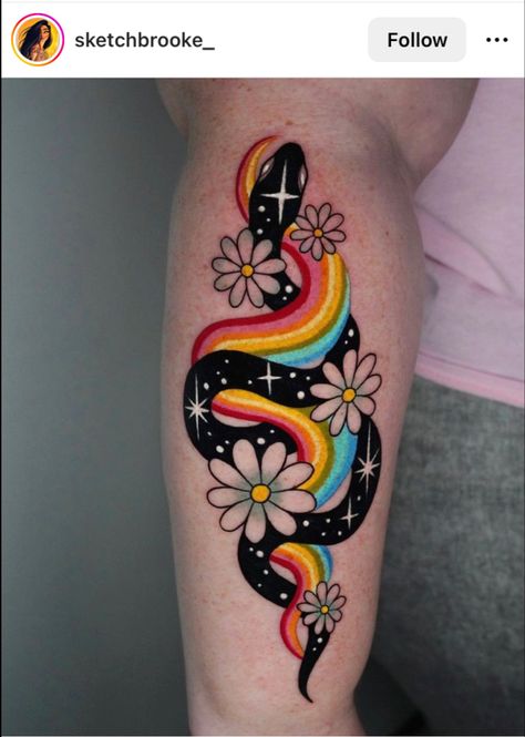 Creepy Kawaii Tattoo Ideas, 3 Color Rainbow, Colored In Tattoos, New School Style Tattoo, Unique Rainbow Tattoo, Vibrant Color Tattoos, Colorful Ankle Tattoos For Women, Rainbow Snake Tattoo, Love Inspired Tattoos