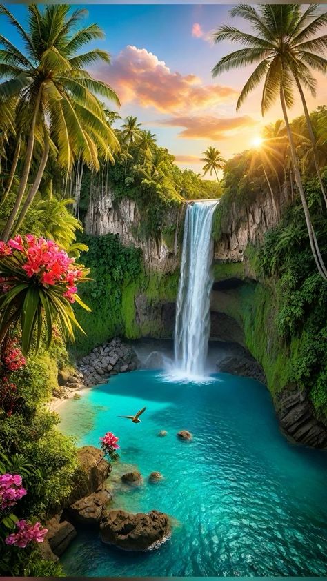 Hawaii Background Wallpapers, Beautiful Waterfalls Wallpaper, Waterfall Picture Ideas, Beautiful Sunset Nature, Waterfall Tropical, Wallpaper Waterfall, Tropical Waterfall, Waterfall Wallpaper, Abstract Art Images