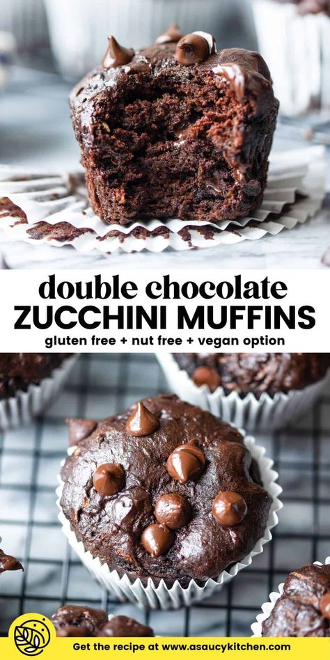 Satisfy your sweet tooth and make use of your extra zucchini with these simple and satisfying gluten free chocolate zucchini muffins! The fresh zucchini makes for an extra moist crumb perfectly hidden in the rich chocolate flavor. This recipe is naturally gluten and nut free and has been tested with dairy free and egg free options as well. Read through the post of check the recipe notes for extra tips and recipe substitutions! Dairy Free Nut Free Egg Free Recipes, Paleo Chocolate Zucchini Muffins, Gf Chocolate Zucchini Muffins, Gluten Free Dairy Free Zucchini Muffins, Zucchini Muffins Dairy Free, Chocolate Zucchini Muffins Gluten Free, Gf Df Zucchini Recipes, Vegan Chocolate Zucchini Muffins, Gluten Free Zucchini Muffins Recipes