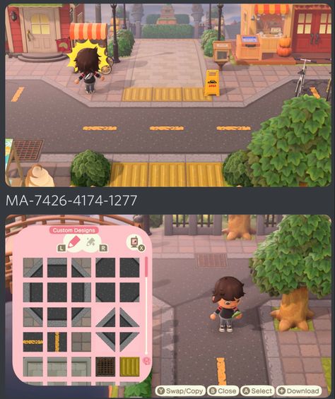 Acnh Citycore Path, Animal Crossing Road Pattern, Acnh Road With Sidewalk, Acnh Path Codes City, Parking Lot Animal Crossing Code, Road Custom Design Animal Crossing, Animal Crossing Crosswalk, Road Code Animal Crossing, Parking Lot Acnh Code