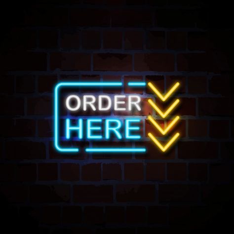 Order here neon style sign illustration | Premium Vector #Freepik #vector #background #banner #frame #vintage Order Here Sign Design, Order Now Logo, Order Here Sign, Butterfly Abaya, Tiber River, Banner Frame, Pos Design, Logo Online Shop, Abaya Collection